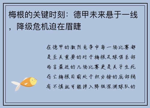 梅根的关键时刻：德甲未来悬于一线，降级危机迫在眉睫